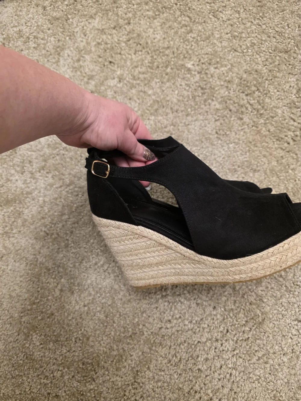 Black Suede Espadrille Wedge Sandals - Peep Toe - Sz 8/39
